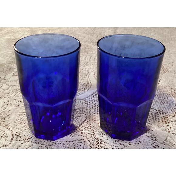 2 Libbey Crisa Glass Cobalt Blue Tumblers 8 Panel Heavy Glasses 5.5" Vintage - Picture 8 of 11